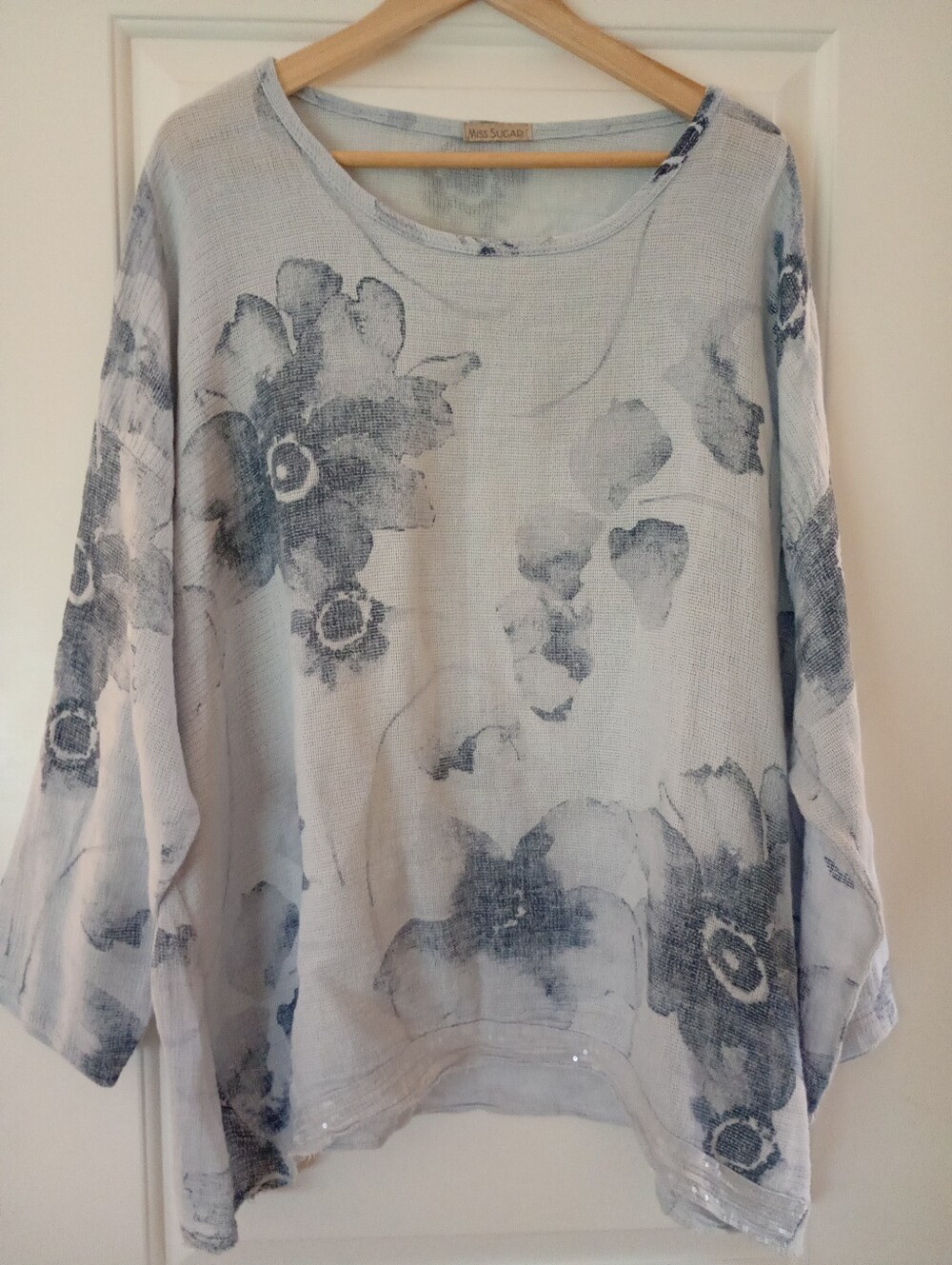 Miss Sugar Light Blue Floral Linen Pullover Flowy Sparkle Top (M)